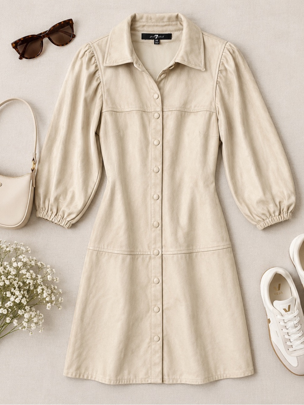 7 For All Mankind Cream Faux Leather Puff Sleeve Shirt Dress – XS